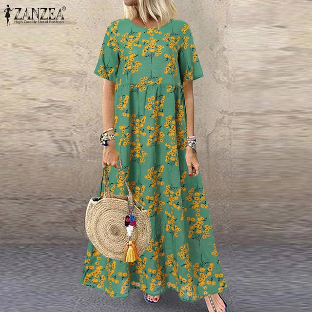 ZANZEA Fashion Summer Maxi Dress Women's Printed Sundress Casual Short Sleeve Vestidos Female High Waist Robe Femme A6 Green RayonCotton