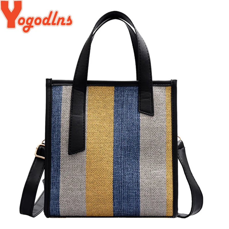 

Yogodlns High Quality Shopping Bags For Women Lady Colored stripes canvas bag Handbag Large Capacity tote bag for women