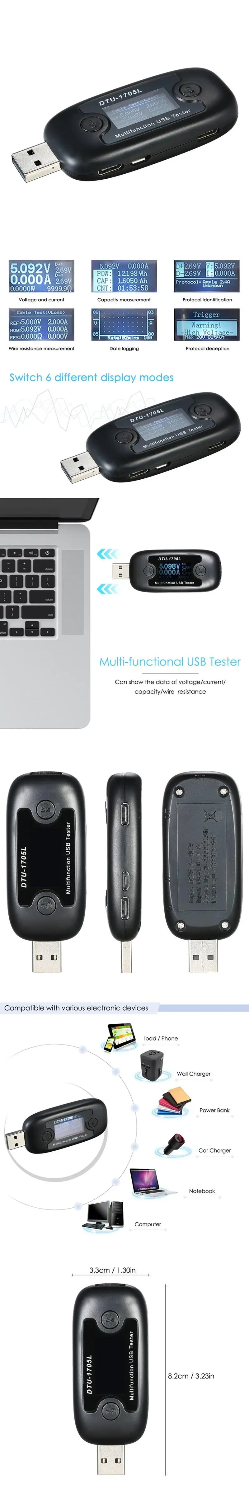 DTU1705L Быстрая зарядка тип-c USB ЖК-тестер Напряжение Ток измеритель мощности черный