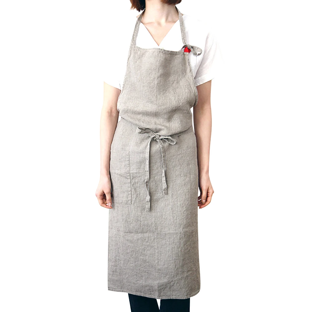 BAVER Premium Fashion Handmade Japanese Style Linen Apron with Packets for Kitchen Coffee Shop Waiter Studio dress - Цвет: Beige