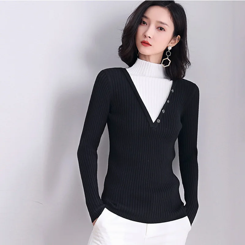 

Spliced Mock Neck Sweater Women Slim Ribbed Contrast Sweaters Pullover