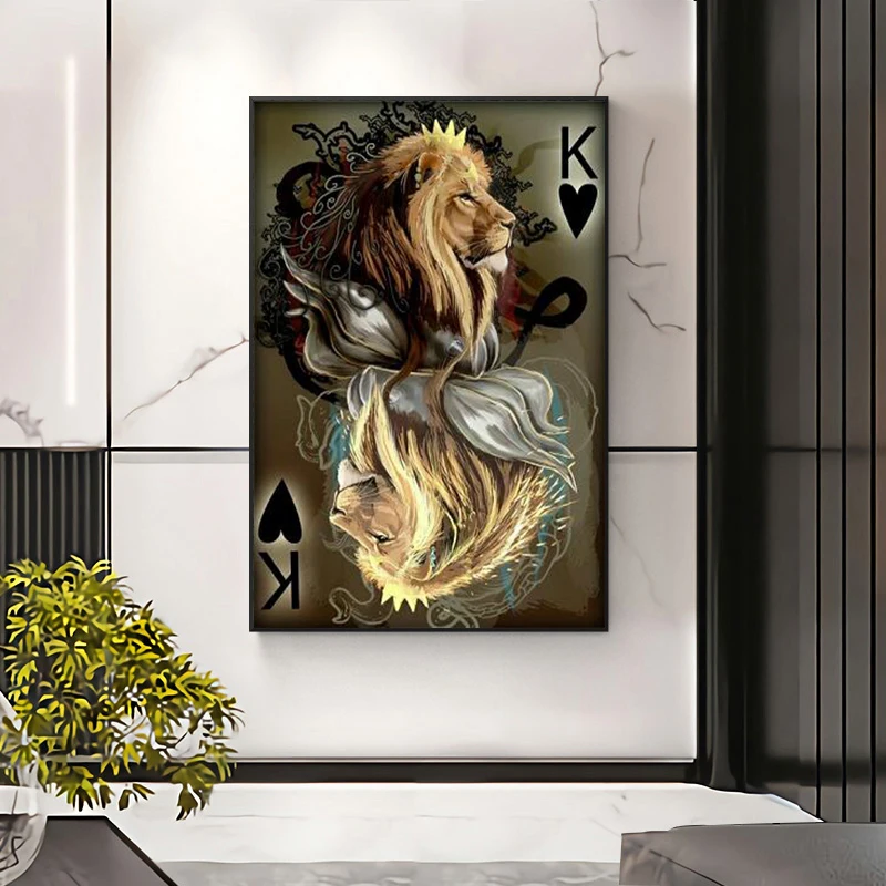 Animal Creative Wall Art Lion Playing Card K Background Canvas Painting Modern Living Room Home Decoration Mural(No Frame) | Дом и сад