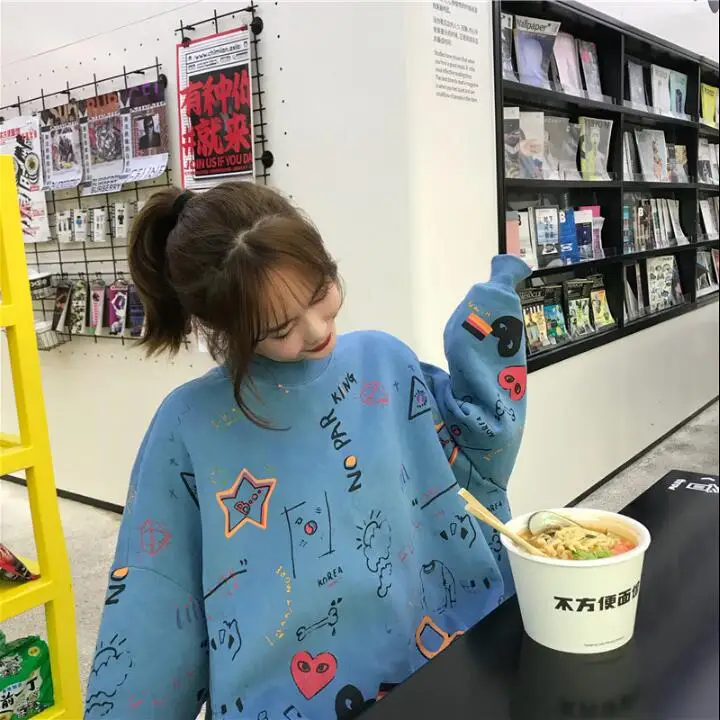 Женские кофты японский Harajuku Ulzzang с принтом граффити рукав летучая мышь Толстовка Женская Корейская Kawaii одежда для женщин - Цвет: Синий