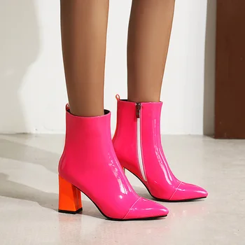 

Bright Fake Leather Ankle Boots Autumn Winter Women High Thick Heels Ladies Shoes Woman Black Yellow Rose Red Pointed Toe Boots