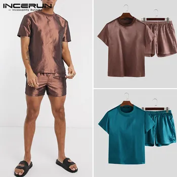 

2020 Mens Casual Comfortable Two-Piece Sleepwear Men Pajamas Sets Loose Short Sleeve Solid Color Tops Summer Silk Satin S-5XL