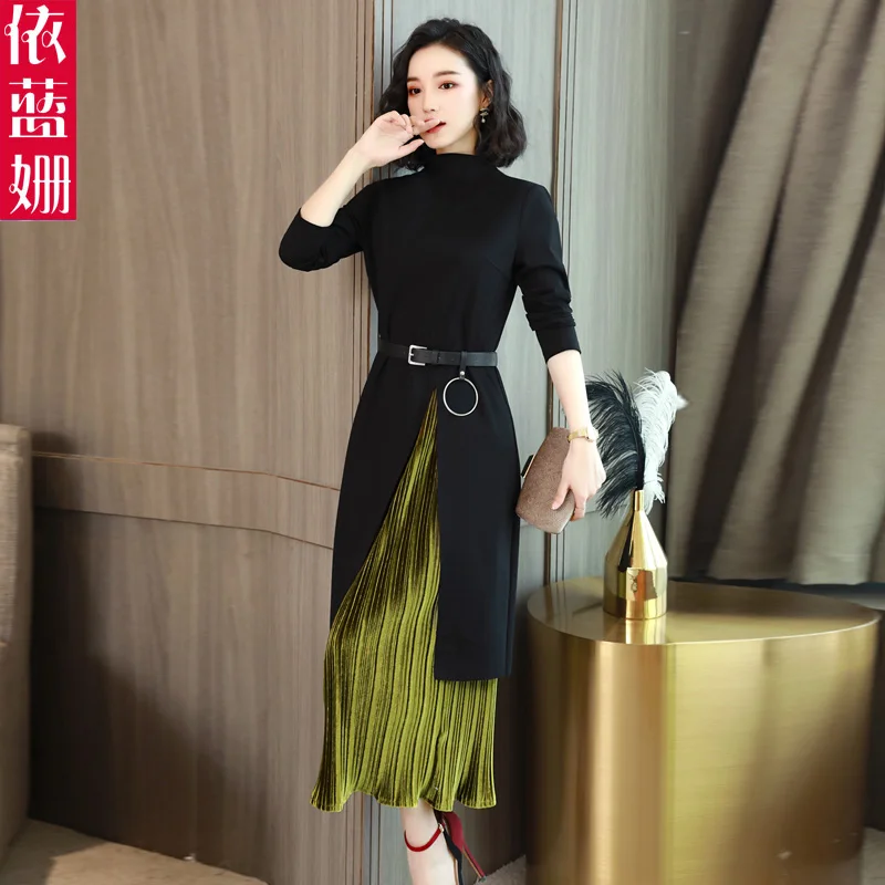 Осень женский корейский модный костюм трикотажное платье темперамент Тонкий поддельный Двухсекционный длинный рукав Нижняя юбка