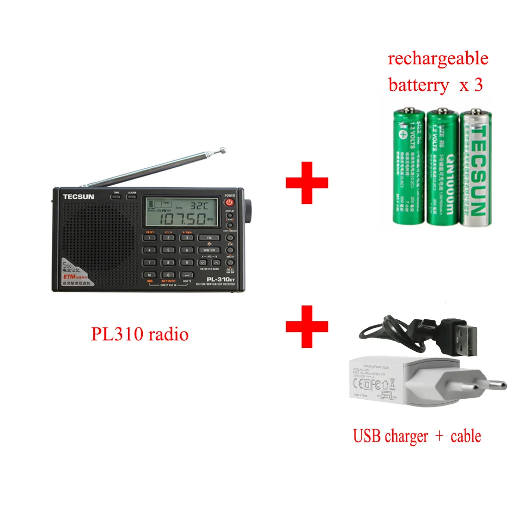 Black- USB-Battery-3 Tecsun PL-310ET Полнодиапазонный радио цифровой светодиодный дисплей FM/AM/SW/LW стерео радио с сигналом силы вещания - Цвет: Black- USB-Battery-3