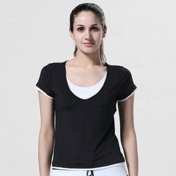 

Summer Sport Shirt Clothes Blouses Aerobics Fitness Apparel Fake Two Piece Short Sleeve T Sweaty Yoga Shirts