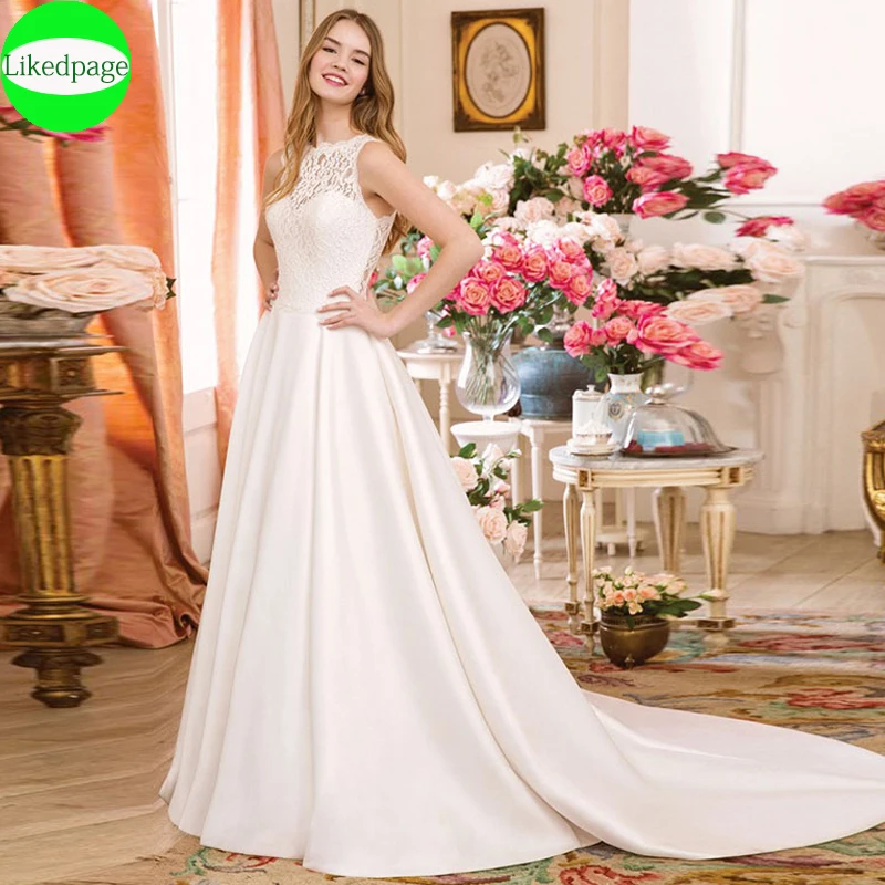 Abito Da Sposa Elegante Simple Abiti Da Sposa Illusion Lace A Line Abito Da Sposa 2021 Robe Mariage Abito Da Sposa Con Tasche