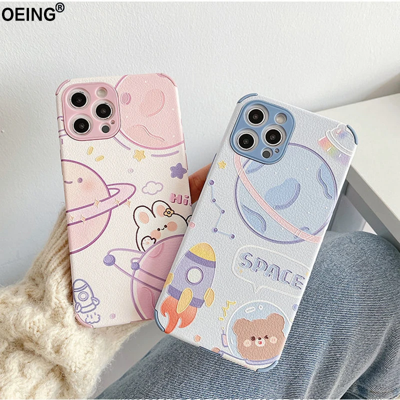 Oeing Cute Space Cartoon Phone Case For Iphone 13 12 Pro Max 11 7 8 X Xs Mini Xr Se2 Transparent Shockproof Phone Bag Case Cover Mobile Phone Cases Covers Aliexpress