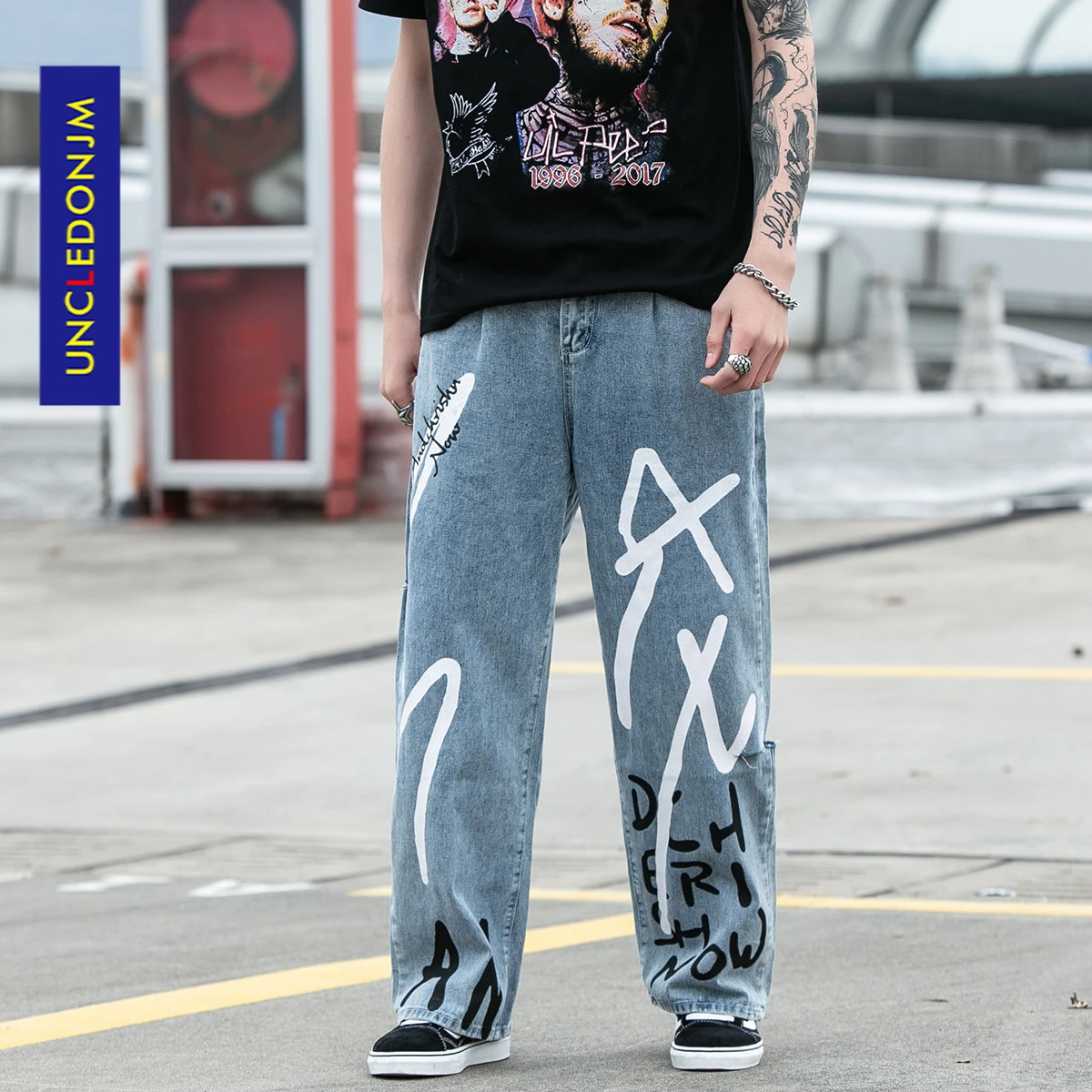 UNCLEDONJM 2020, ropa de calle para hombres, pantalones vaqueros holgados con dibujo grafiti negro, pantalones vaqueros Vintage, para correr Harajuku 7010|Pantalones vaqueros| - AliExpress