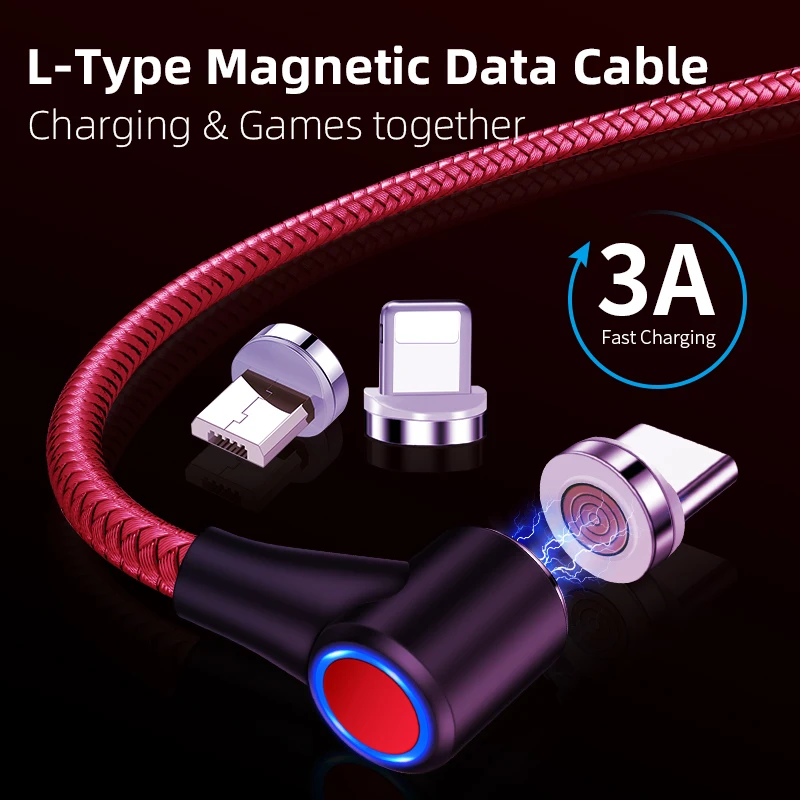 

M12AW L-type 3in1 Magnetic fast charging data Cables Micro ios Type C data cables charging&games together for all phones