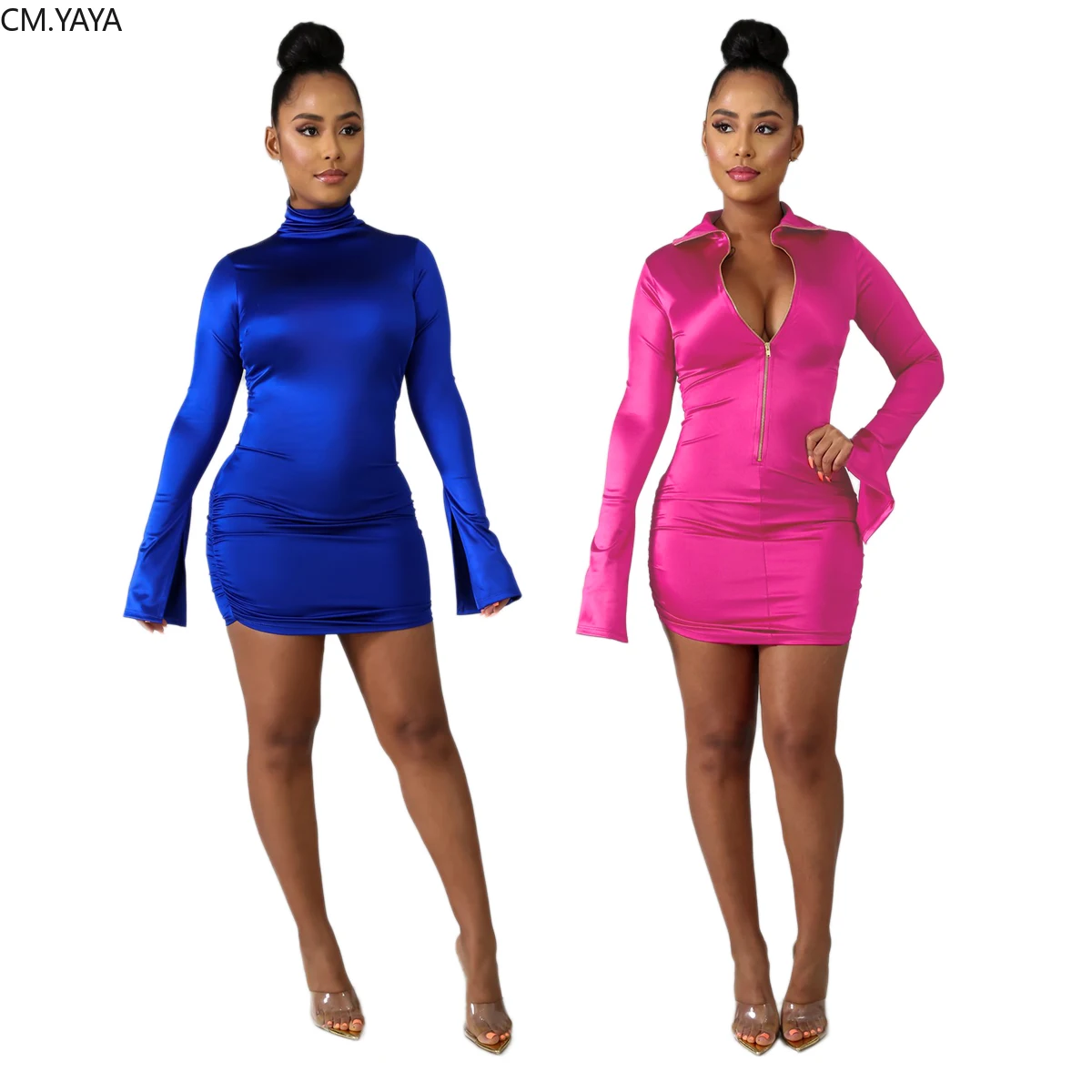 Женское осенне-зимнее платье с расклешенными рукавами на молнии Клубные