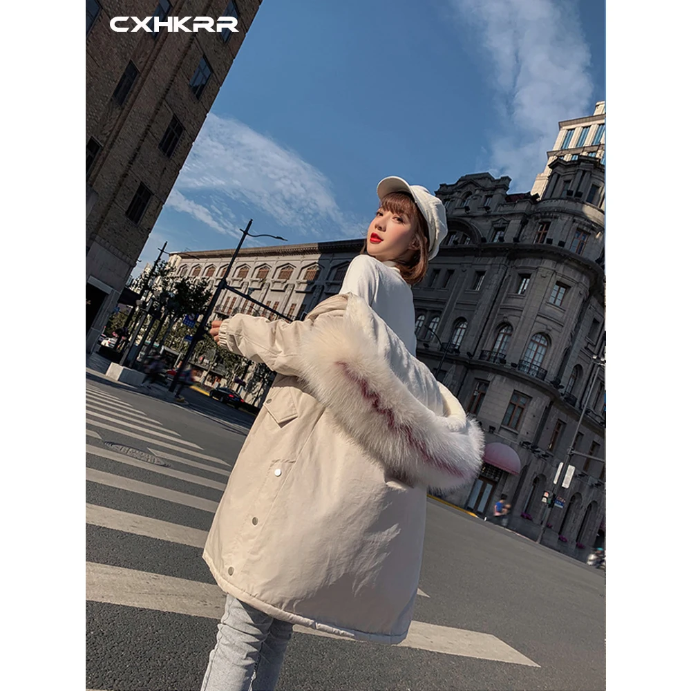 CXHKRR Fashion Long Parka Coat Jacket Oversized Cotton Jacket Women Winter Faux Fur Collar Hooded Jacket Cotton Women
