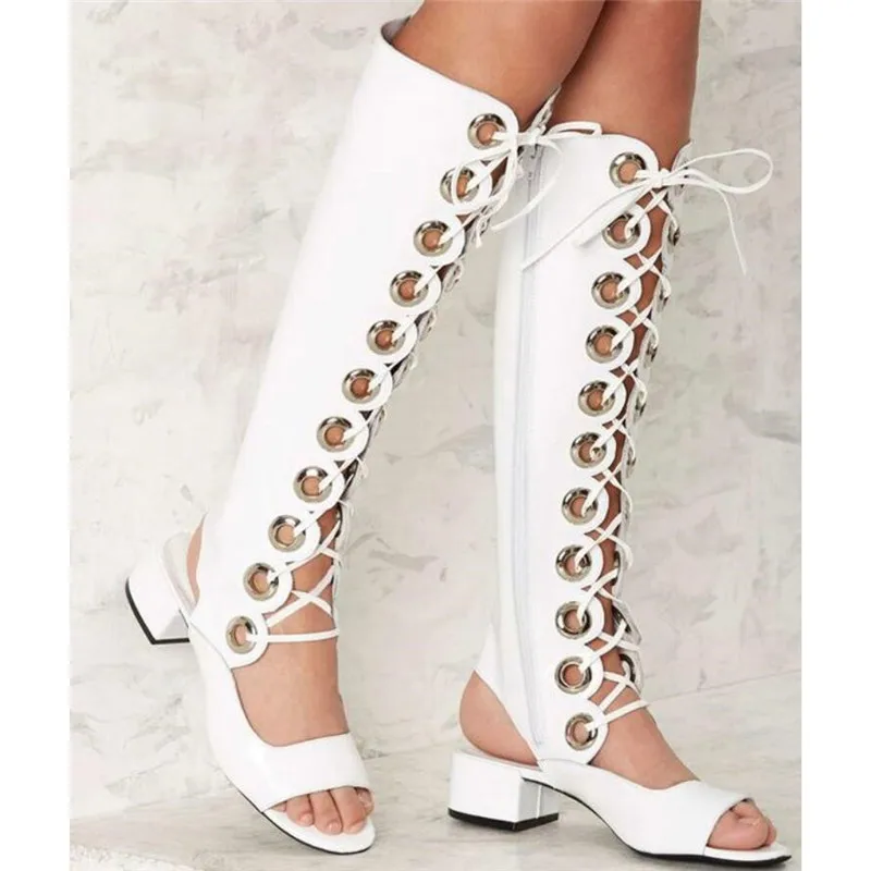 

Fashion Cross Tie Gladiaotor White Sandals Boots Women New Slouchy Open Toe Long Knee High Boots Summer Square Heels Shoes Woman