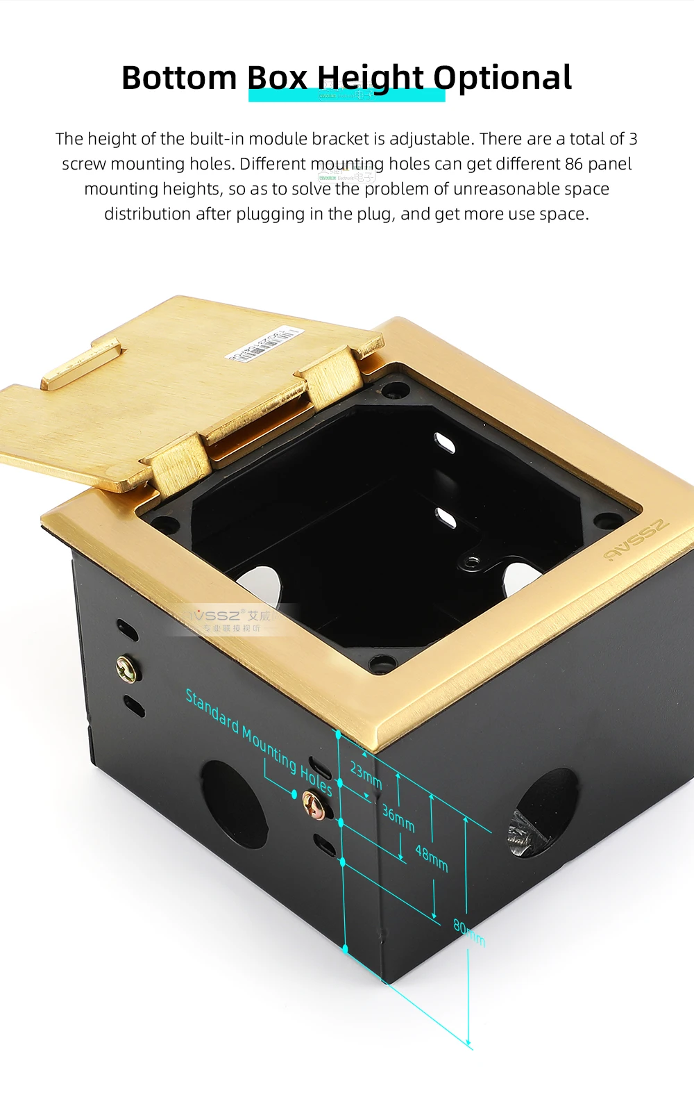 Pop-Up Bodensteckdose Typ D 128 aus Messing & Edelstahl mit Klappdeckel für Audio, Lautsprecher, Netzwerk, Bühne, Konferenzraum – Detail 6