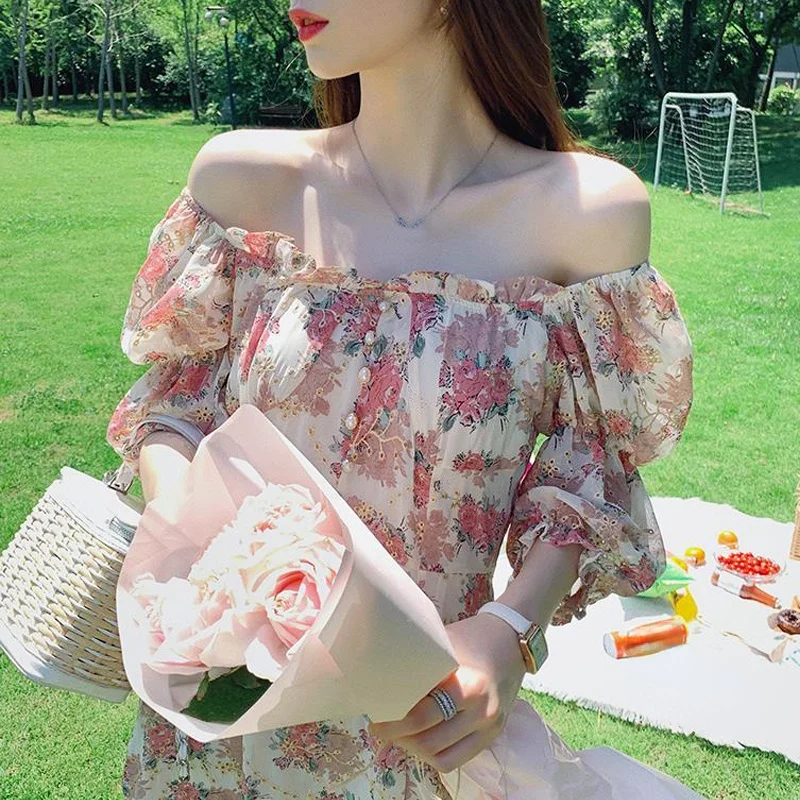 対テロリスト 女性のための花柄のフランスの正午のドレス 裸の肩 韓国のファッション イブニングドレス ヴィンテージ ボヘミアン Y2k 夏 21 定番人気 Hashaliach Co Il