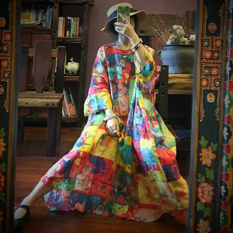 

2019 luo gu ni Origional Pure Ramie Digital Printing Color Gorgeous Ultra Large Washing Robe 1397