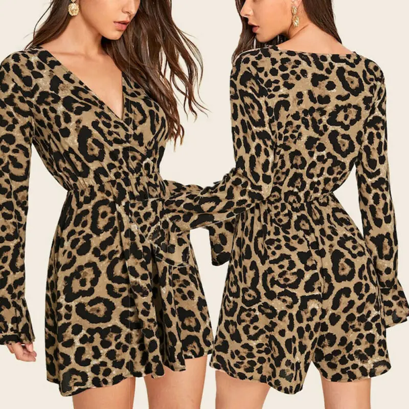 

Popular Women Party Ruffle Mini Dress Leopard Dress Paisley Dresses Autumn Long Sleeve Short Mini Dress Vestidos