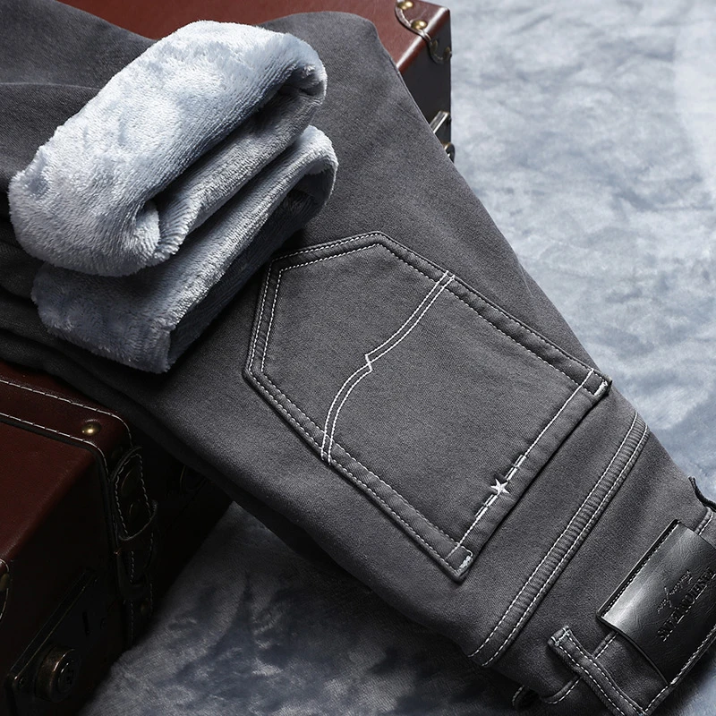 Gray Jeans Denim-Pants Skinny Trousers Male Elasticity Thicken Men Brand New Warm Velvet