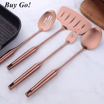 

1Pc Rose Gold Cooking Tools Long Handle Kitchen Gadgets Metal Slotted Turner Ladle Stainless Steel Kitchen Accessories Utensil
