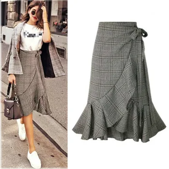 

Straight Skirt Woman Autumn Lattice Fish Tail Package Hip Lotus Leaf Edge Half-body Wear