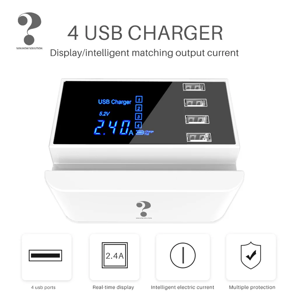 

4 Port USB Type C Charger HUB Quick Charge 3.0 LED Display Multi USB Charging Station Mobile Phone Desktop Wall Home EU UK Plug