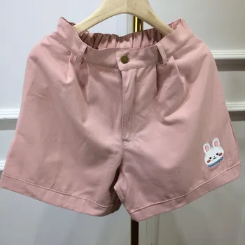 

Summer Women Kawaii Shorts Japanese Elastic Waist Teen Girl Cute Rabbit Embroidery Childish Casual Pink Yellow Purple Shorts