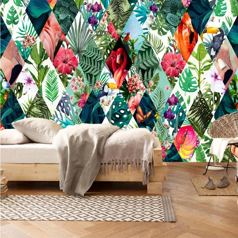 Beibehang-Nordic-tropical-plants-flower-flamingo-TV-sofa-background-wall-paper-custom-large-mural-green-wallpaper (4)