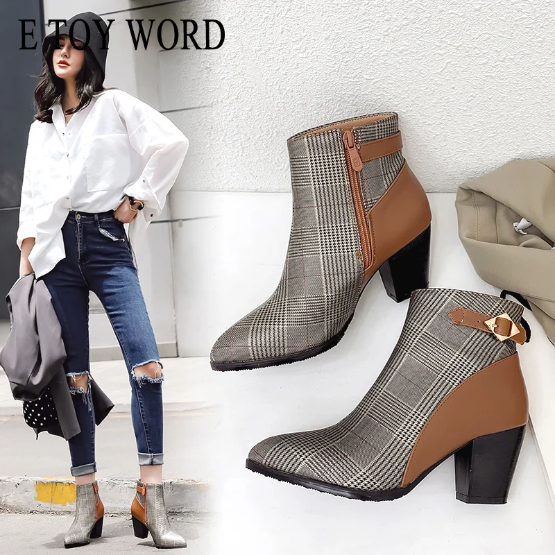 

E TOY WORD Martin boots female England Booties 40 thick heel 41-43 Plaid Women boots fashion winter new pointed toe ankle boots