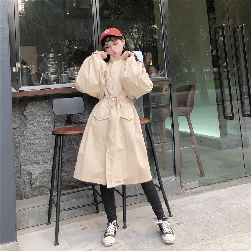 Fox Mrs. Autumn High Waist Drawstring Waist Hugging Mid-length Stand Collar Loose-Fit Coat Lantern Sleeve Trench Coat Women's