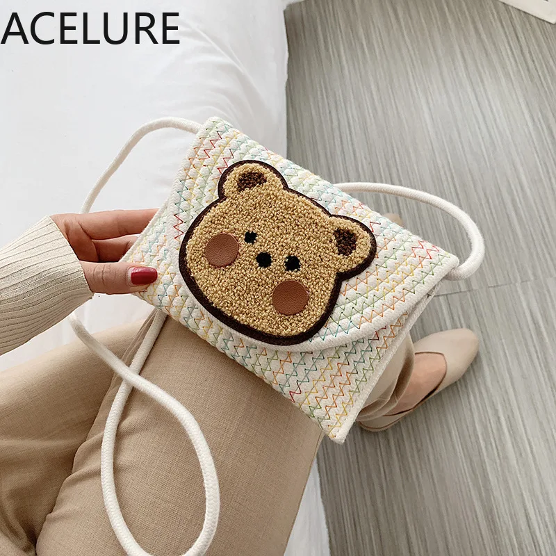 

ACELURE Girls Wild Ladies Woven Purse Bag Cute Bear Female Small Bag Fashion New Wave Women Solid Color Shoulder Messenger Bag