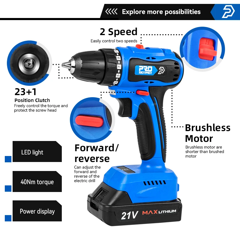 21V Brushless Drill Cordless Electric Screwdriver 40NM Mini Driver 5pcs Bits by PROSTORMER