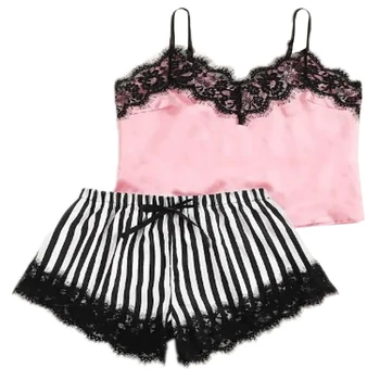 

Women 2 Pcs Pajama Set, Sexy Lace Patchwork Spaghetti Strap V Neck Backless Cropped Camisole+Striped Shorts Underwear Sleepwear