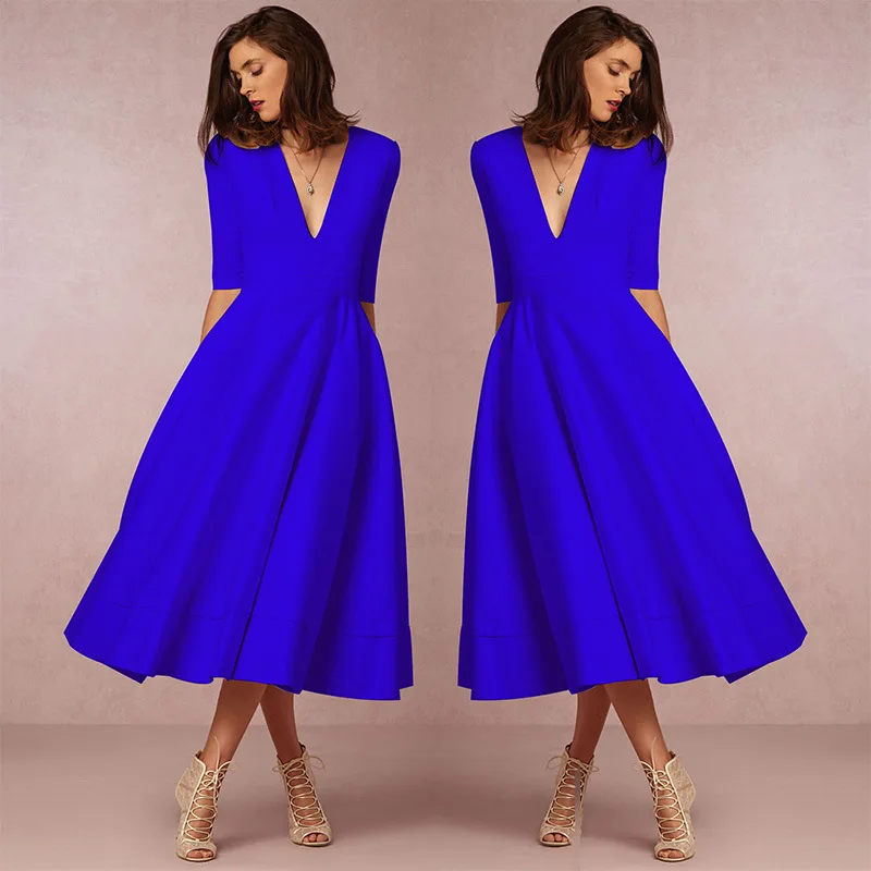 Sexy Deep V Neck Womens Causal Autumn Dresses Half Sleeve Mid Calf Women Elegant Party A Line Midi Dress Female Vestidos