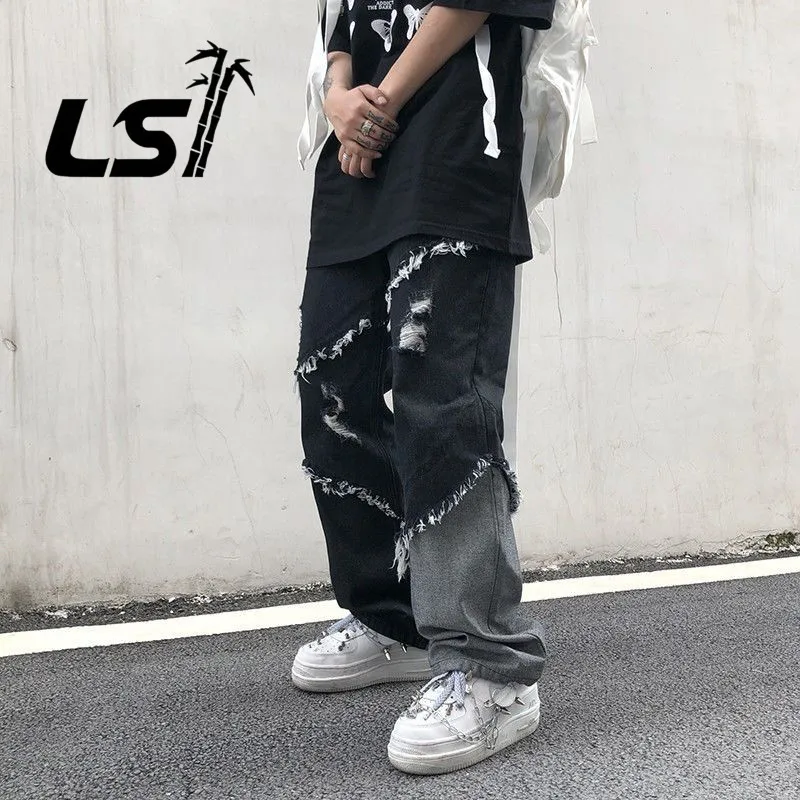 Korean New Fashion Tassel Contrast Jeans Trendy Cool High Street Harajuku Style Loose Raw Edge Jeans Men's Trendy