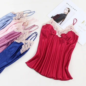 

Satin 2PCS Sleep Suit Lace Strap Top&Shorts Lady Pajamas Set Summer New Pyjamas Intimate Lingerie Sexy Nightwear Homewear