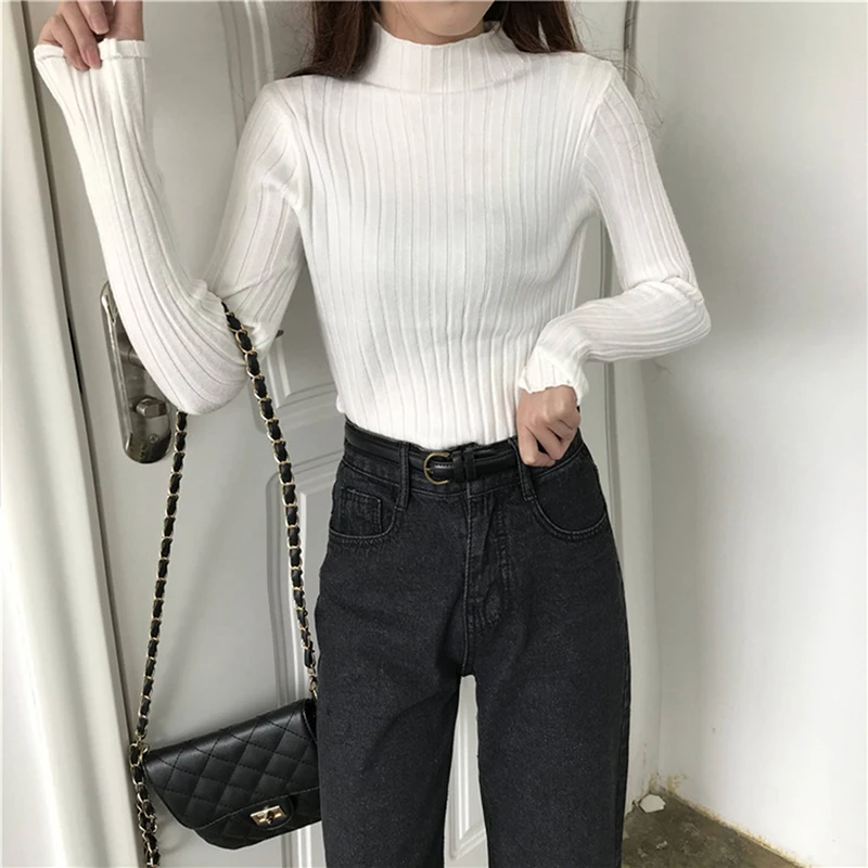 

Sweater 2020 New Simple Top Autumn Winter Solid Half High Neck Pullover All-Match Slim Knit Pullover Bottoming