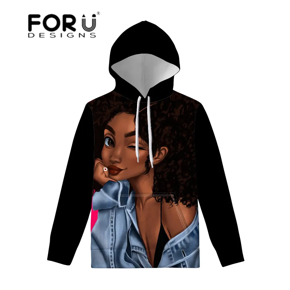  FORUDESIGNS Women Hoodies Black Art African Girls Printing Pullovers Hoodie Ladies Sweatshirt Long 