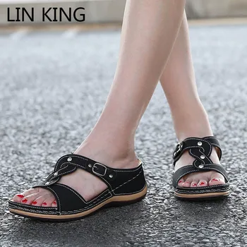 

LIN KING 2020 Women Outdoor Slippers Fashion Buckle Summer Slippers Beach Shoes Woman Wedge Platform Slides Shoes Large Size 43