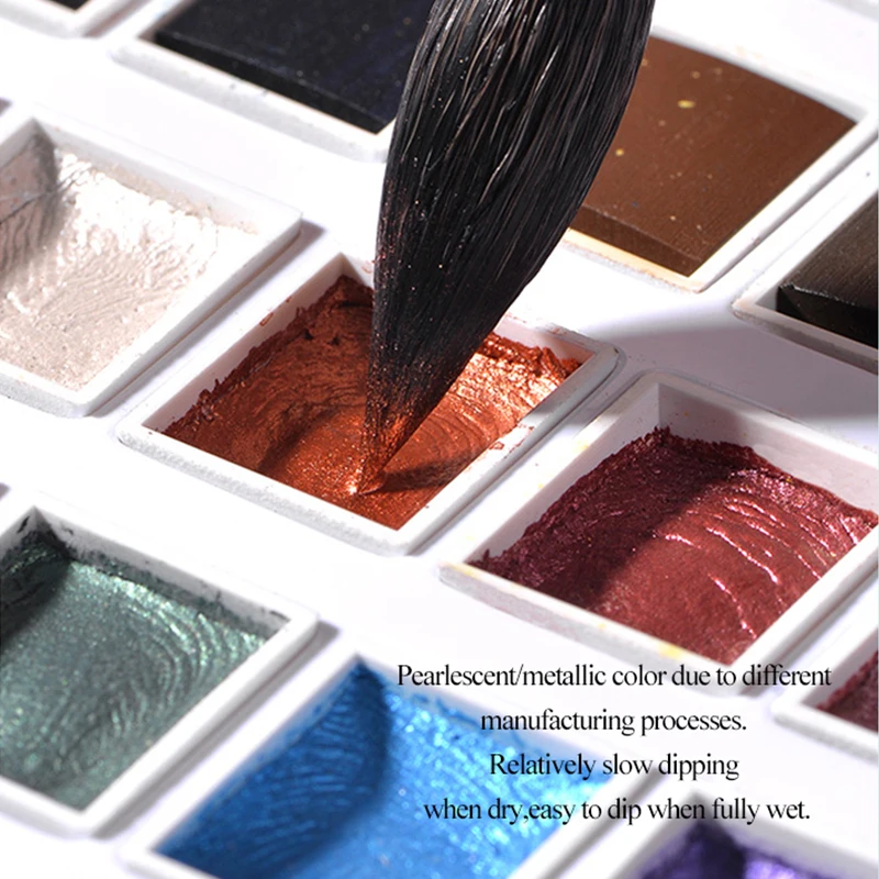 12 Colors Solid Watercolor Paints Set Textured Pearlescent Pigment Metallic Glitter Acuarela Suit Portable Art Supplies