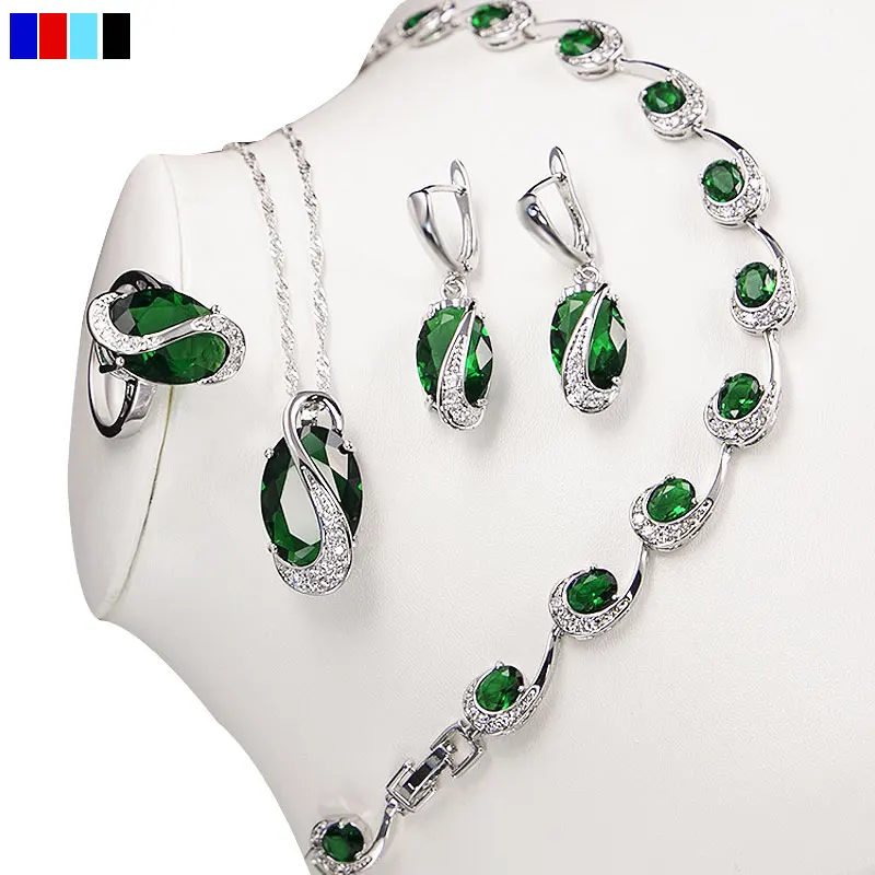 Silver Jewelry Set Green Emerald 925 Sterling Silver Jewelry Sets For Women Sapphire Topaz Garnet Bracelet Necklace Earrings Ring Pendant