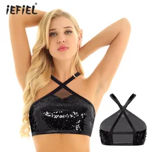 Женский Блестящий бюстье с блестками, бюстгальтер, жилет с бретелькой через шею, эротический укороченный топ, Рейв, наряд, без рукавов, с перекрещивающимися сзади кроп-топы, клубная одежда