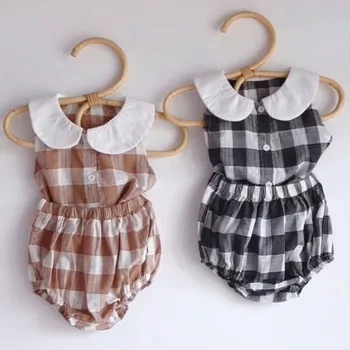 

New Summer Baby Girls Clothing Set Doll Collar Paid Vest Tops and Bloomers 2pcs Set Baby Girls Clothes Infant Baby Outfit