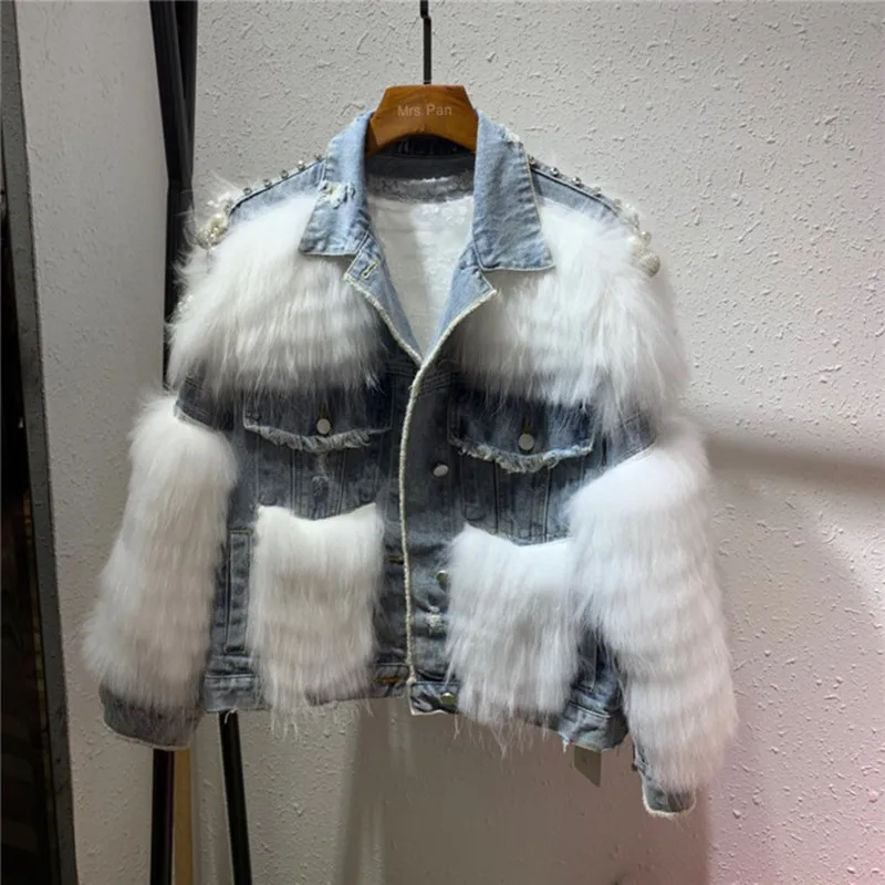

Fashion Pearls Hole Womens Jean Jackets Small fragrance Real Fox Fur Denim Jacket Loose Oversize Basic Coats