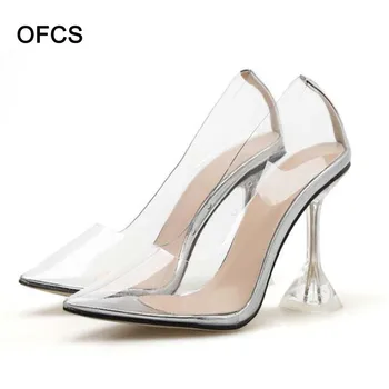 

Women Pumps Crystal Heel Pointed Toe Stilettos New Yellow PVC Transparent Pumps High Heels Womens Party Women Shoes Size 35-41