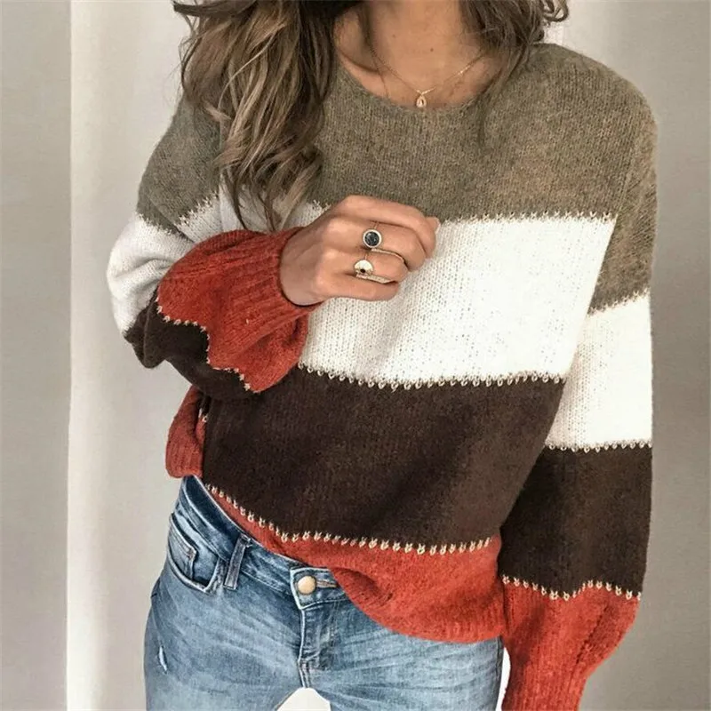 

2019 Autumn Winter Korean Style Contrast Color Sweater Women Long Sleeve Jumper Sweater And Pullover Knitted Sweater pull femme