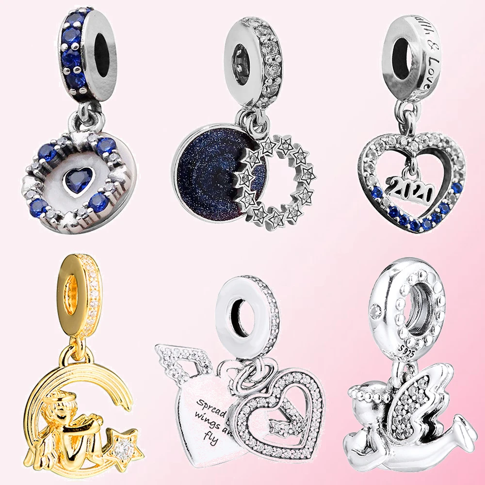 Cena 2019 zima 100% 925 Sterling Silver spadająca gwiazda srebrny wisiorek 2020 nowy rok musujące serca anioł miłość wisiorek
