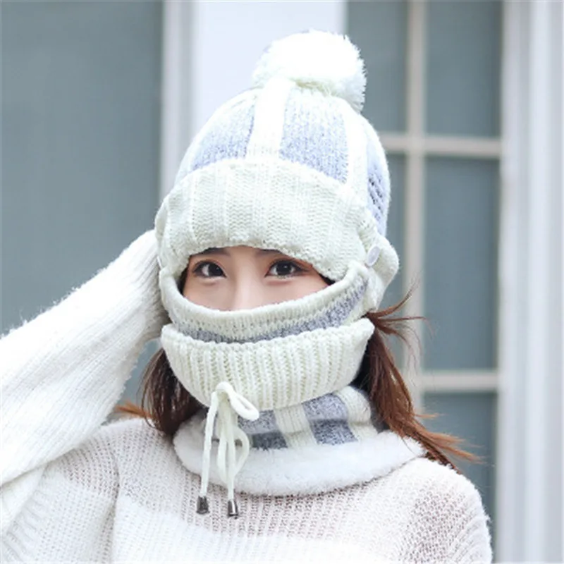 Шерсть вязаный толстый зимний помпон Skullie Beanie кольцо наборы масок женская шапка; шарф шеи уха Теплый модный Accessories-CGC-W7