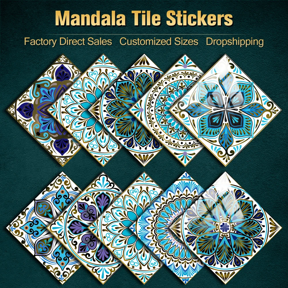 10pcs/set Mandala Crystal Hard Film Tiles Wall Stickers Kitchen Bathroom Wardrobe Decoration Art Mural Waterproof PVC Wall Decal
